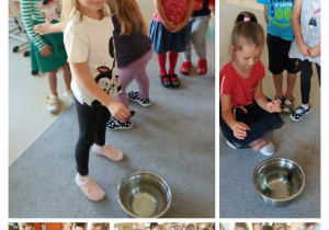 Dzieci wykonują eksperyment "Co pływa w wodzie, a co tonie?".