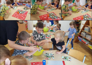 Dzieci przyklejają kawałki gazet do balonów