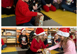 Natalka, Wiktoria i Mikołaj otwierają prezenty od Mikołaja.