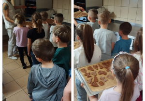 Dzieci zanoszą przygotowane pierniki do kuchni, by włożyć je do piekarnika.