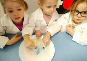 Dziewczynki wkładają patyczki namoczone w płynie do naczyń i obserwują tworzącą się tęczę kolorów