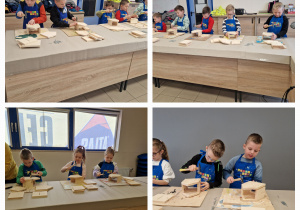 Dzieci tworzą własne skarobonki przy pomocy drewna i gwoździ.