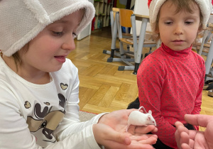 Przedszkolaki trzymają mysz laboratoryjną.