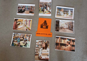 Ilustracje przedstawiające bibliotekarzy i bibliotekę.
